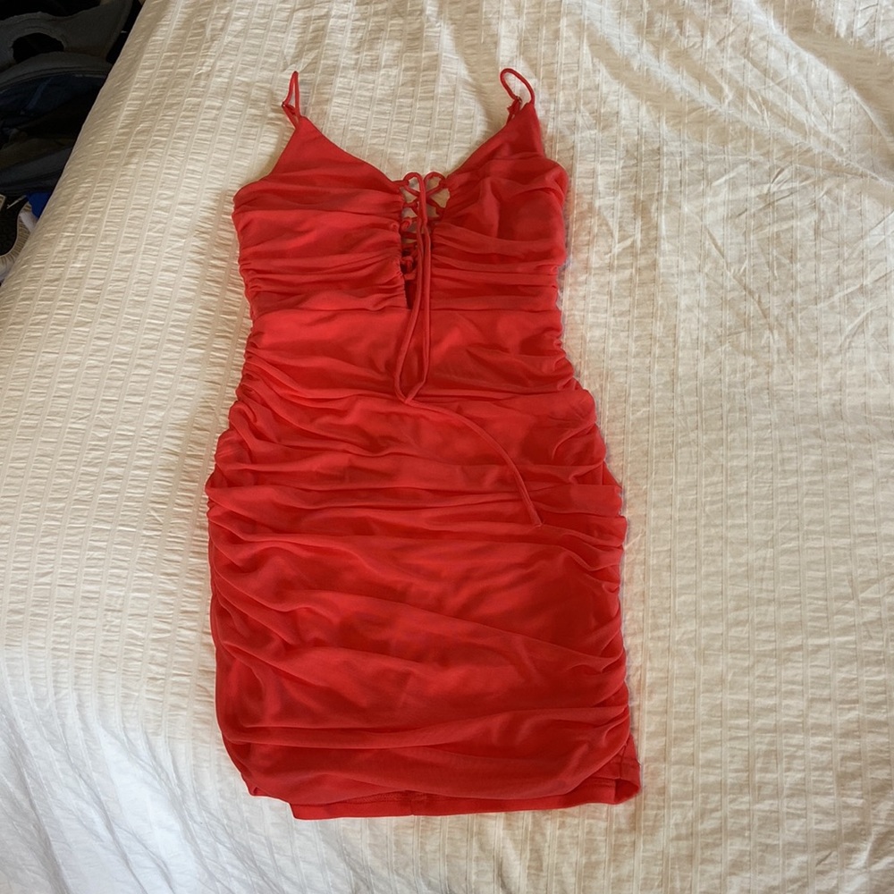 Lulus Ruched Lace-Up Mini Dress - Picture 3 of 6